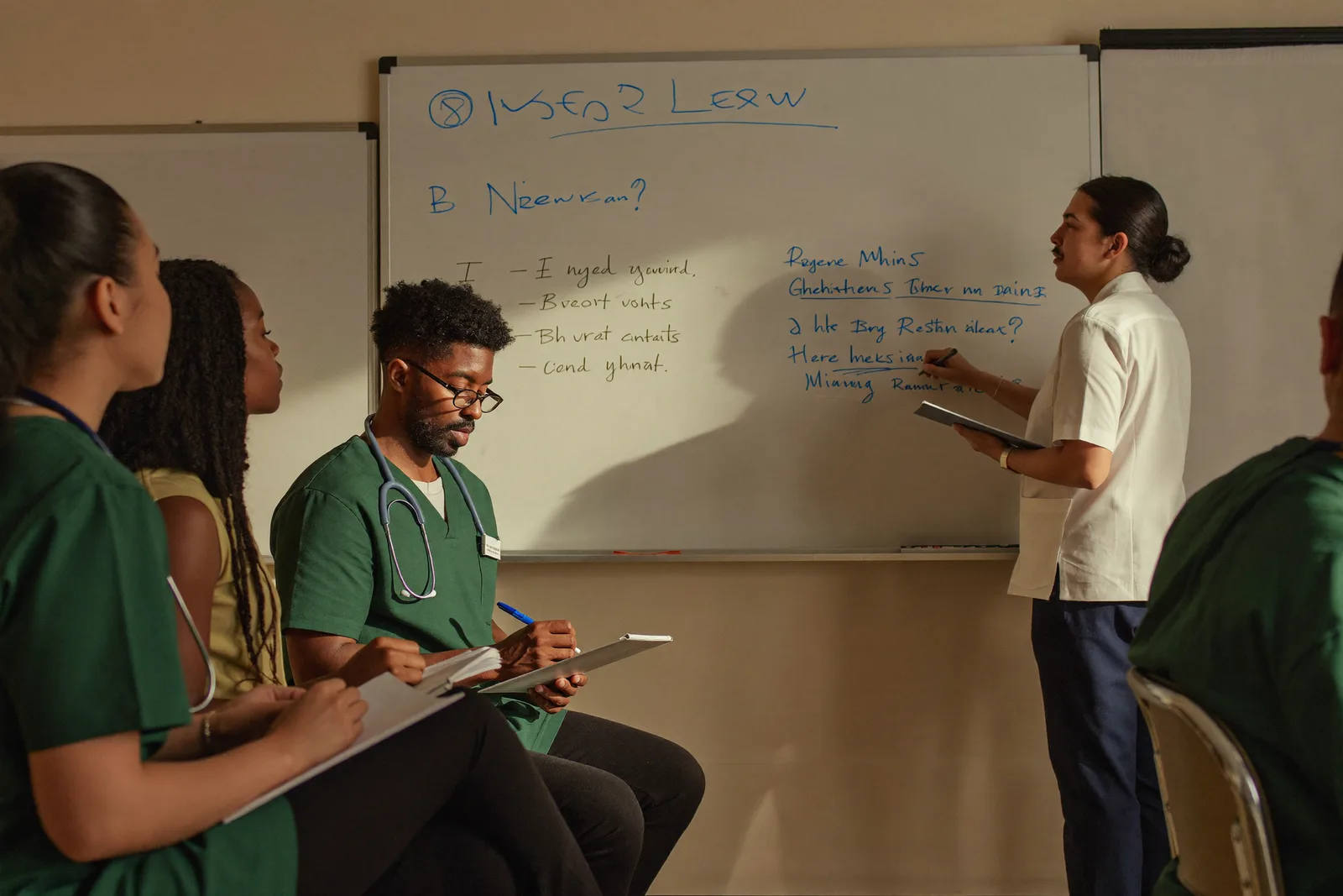 Adult nursing students taking notes during an NCLEX review session while an instructor annotates a whiteboard